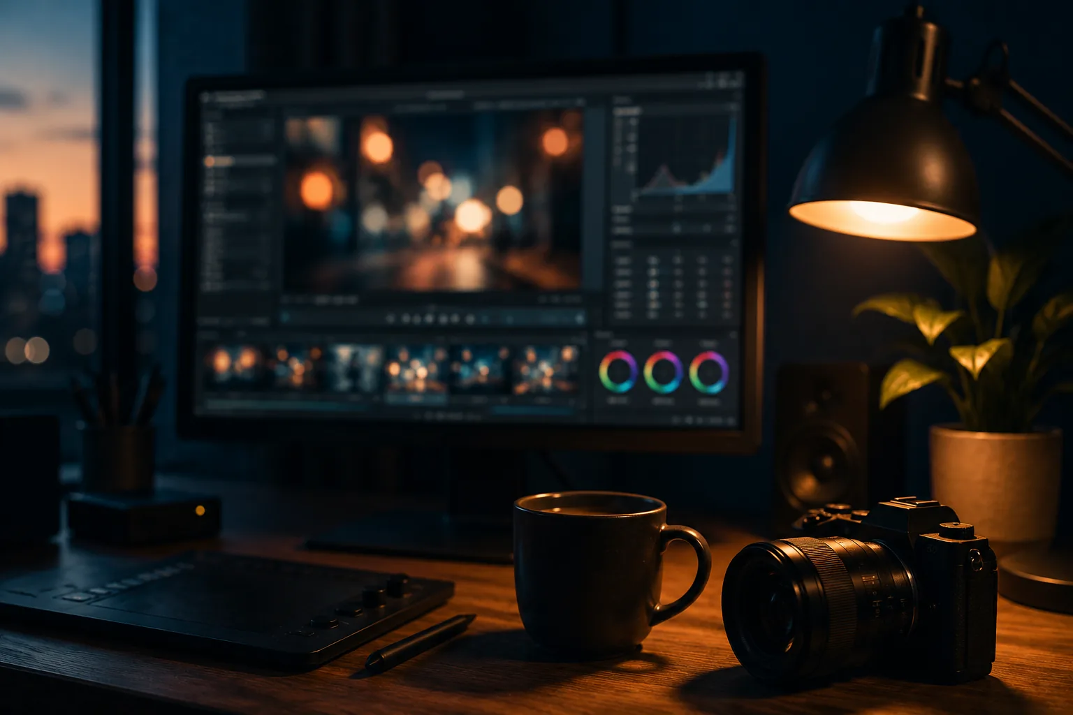 Escritorio de edición con monitor mostrando color grading y una cámara sobre la mesa