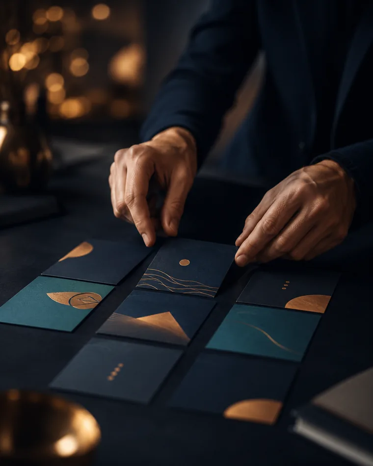 agencia de marketing digital: manos organizando pequeñas tarjetas de servicios sobre una mesa oscura como un tablero de 