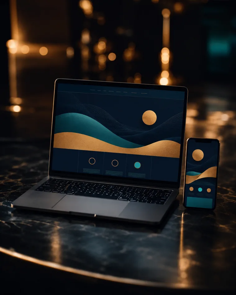 agencia de marketing digital: una laptop y un celular pequeños mostrando páginas web abstractas sin texto