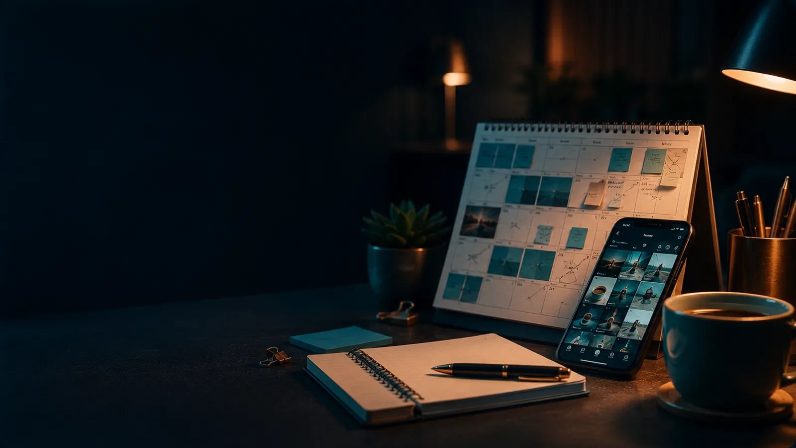 gestión de redes sociales: escritorio de gestión de redes en ángulo: un calendario editorial