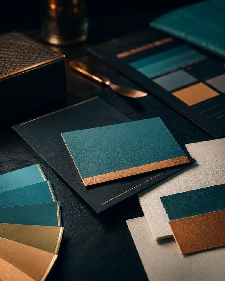 agencia de branding: muestras físicas de marca sobre mesa: paleta de color teal/cobre