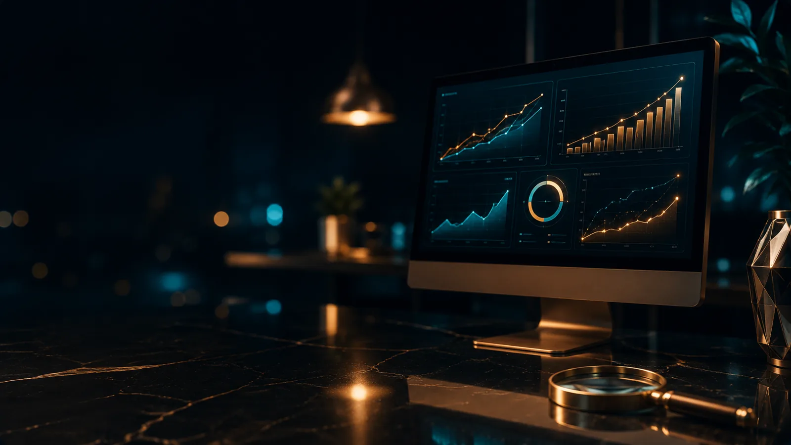 posicionamiento SEO: un monitor muestra un panel de métricas con curvas ascendentes abstractas sin texto