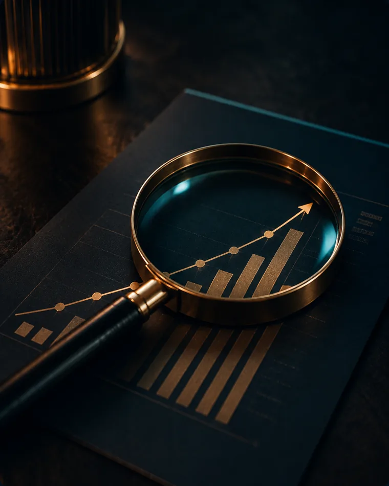 posicionamiento SEO: detalle de una lupa sobre una gráfica de posicionamiento ascendente impresa