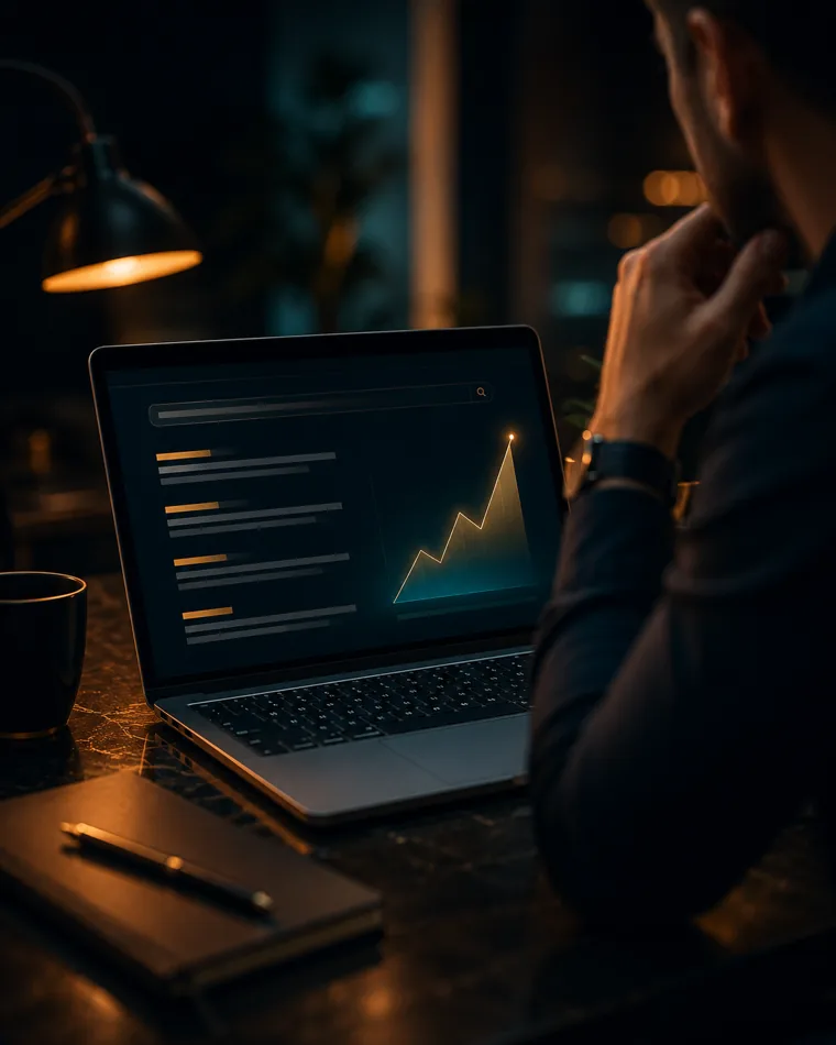 posicionamiento SEO: una persona revisando resultados de búsqueda en una laptop con pantalla abstracta