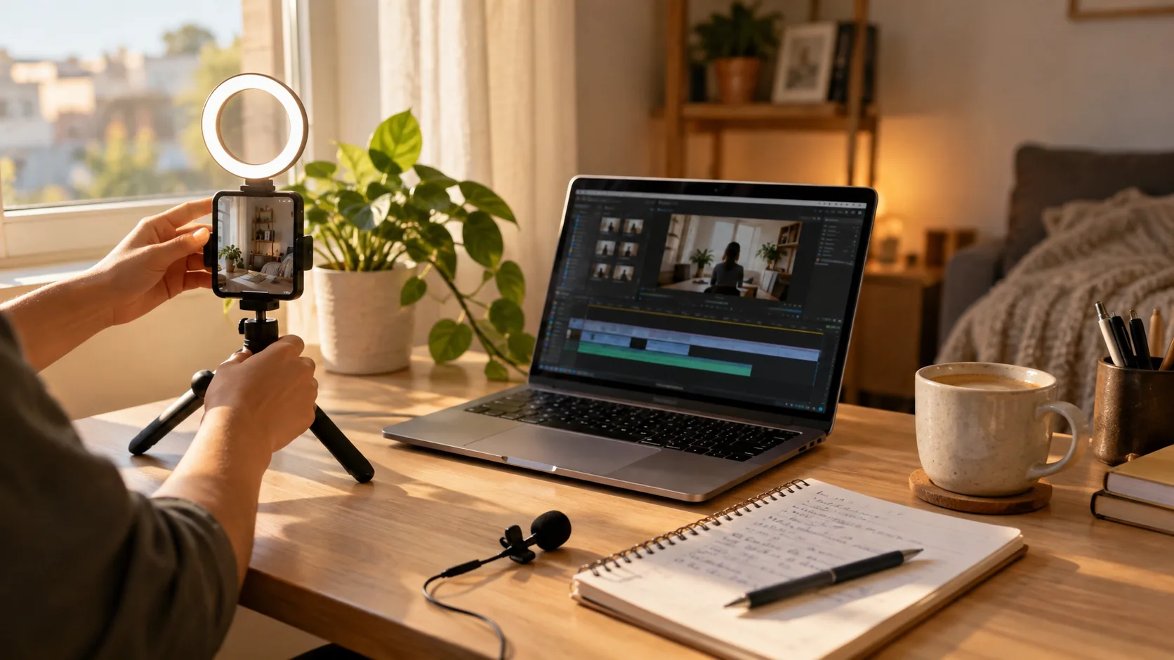 Cómo ser creador de contenido: escritorio con celular en trípode, ring light y laptop, setup casero para empezar sin gastar de más