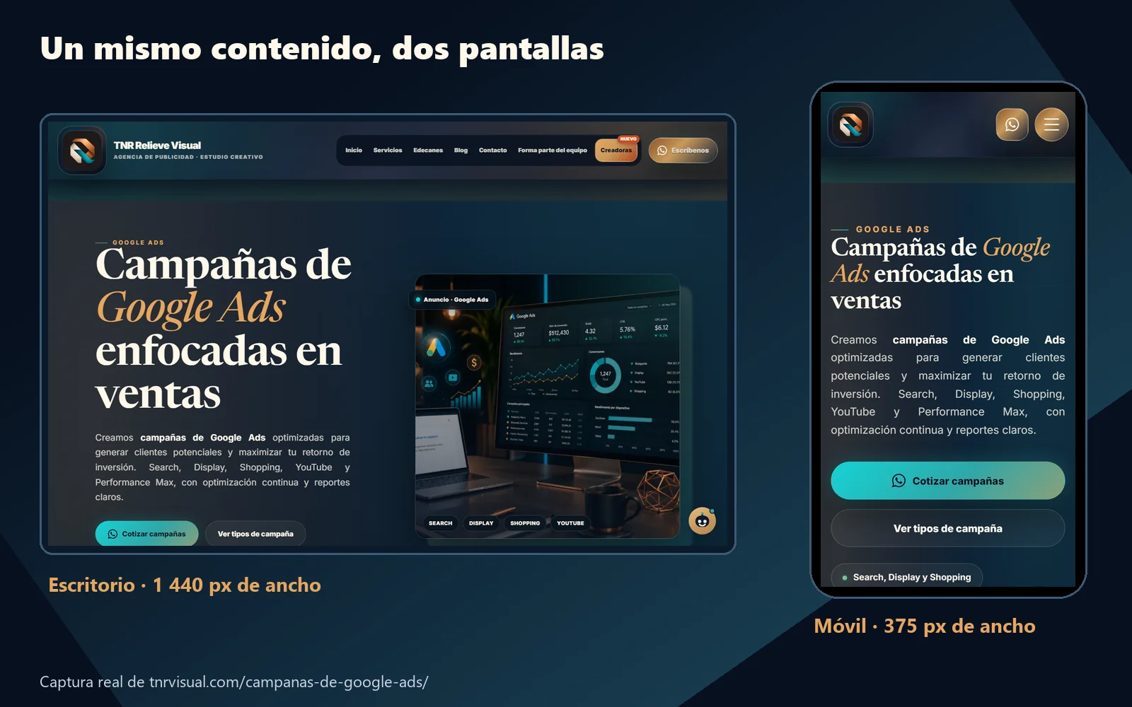 Diseño web responsivo: la misma página de TNR en escritorio de 1440 px y en móvil de 375 px