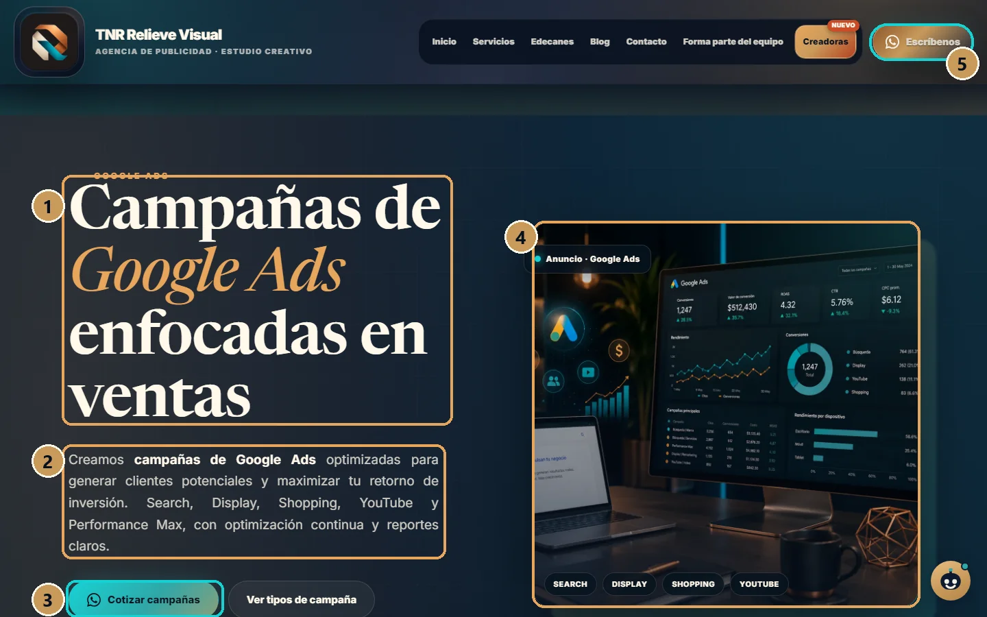 Captura anotada de una de las landing pages de TNR: promesa, botón principal y visual de producto