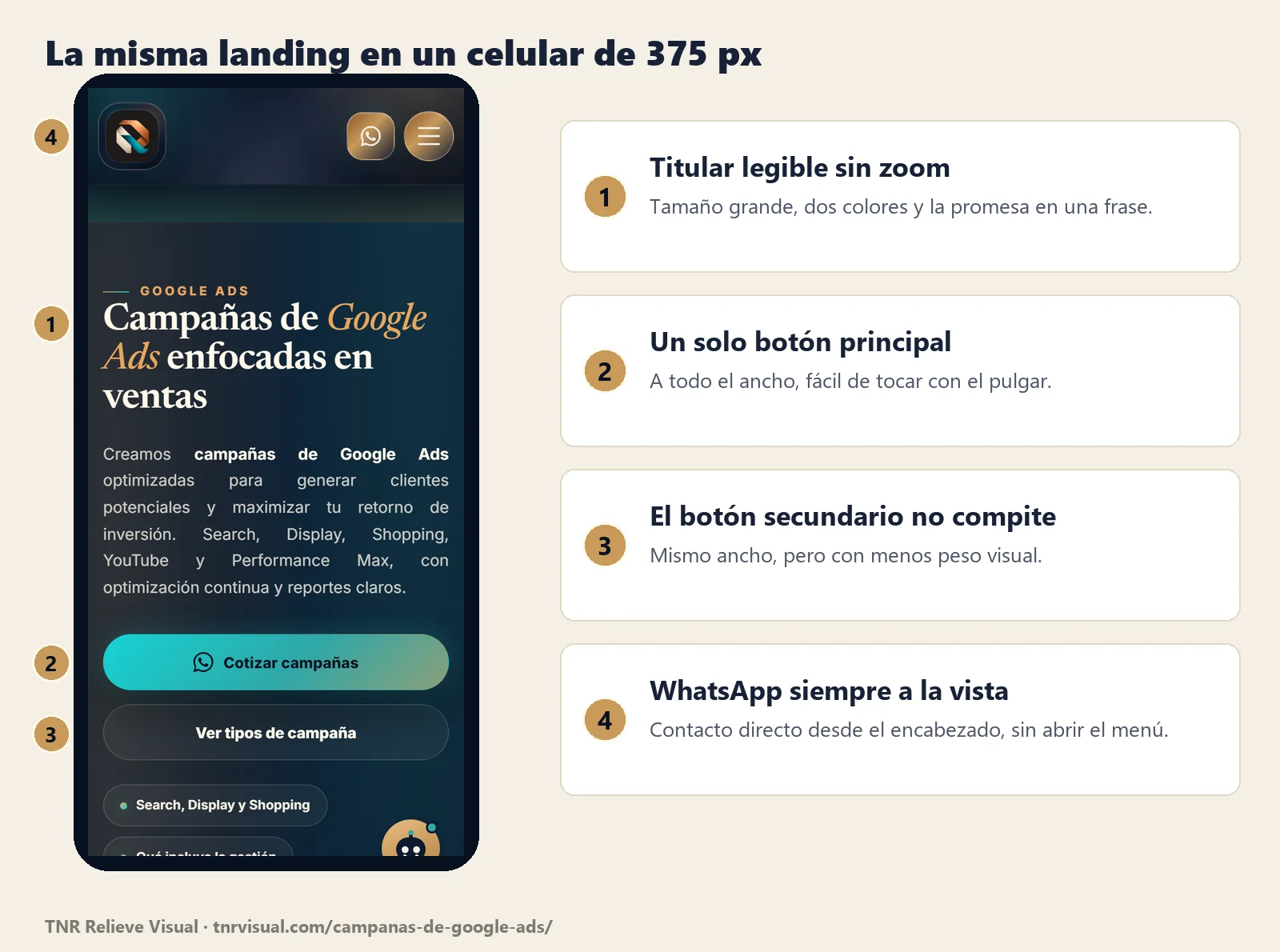 La landing de Google Ads de TNR en un celular de 375 píxeles con un solo botón principal
