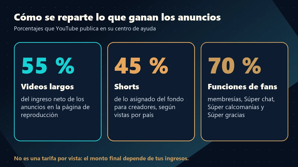 Esquema de cuánto paga YouTube: 55 % en videos, 45 % en Shorts y 70 % en funciones de fans