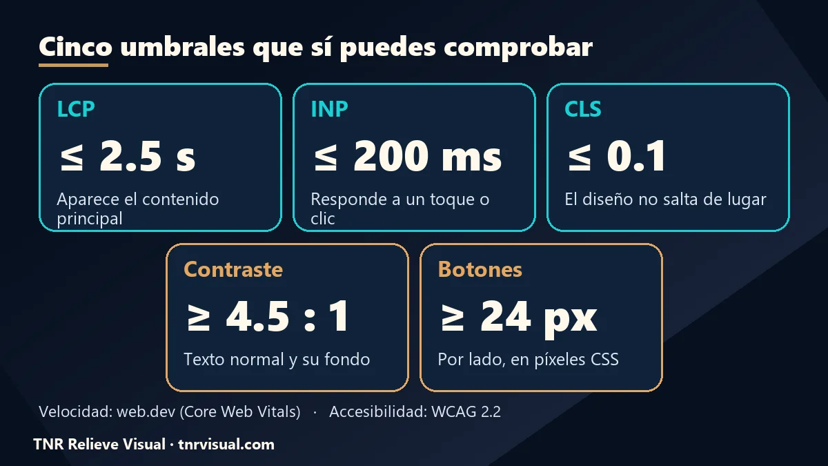 Los cinco umbrales que definen el diseño de páginas web modernas: LCP, INP, CLS, contraste y tamaño de los botones
