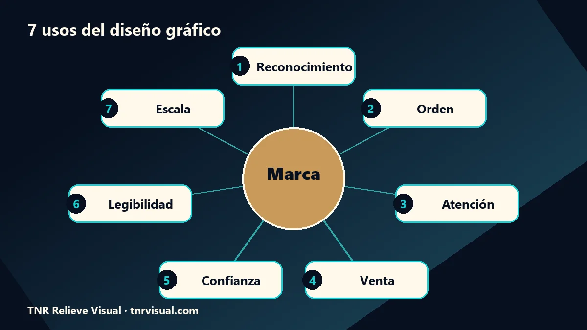 Esquema de siete usos que responden a diseño gráfico para qué sirve en una empresa