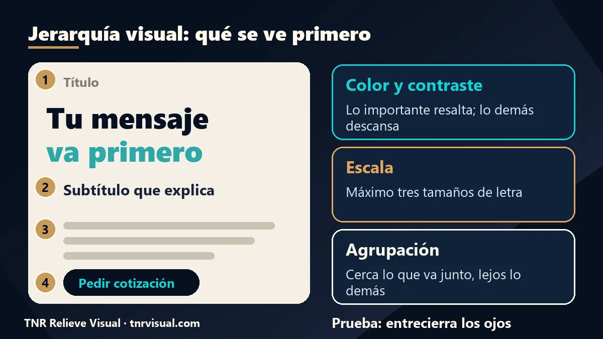 Esquema de jerarquía visual aplicada a una pieza de diseño gráfico y comunicación visual: título, subtítulo, texto y llamado a la acción