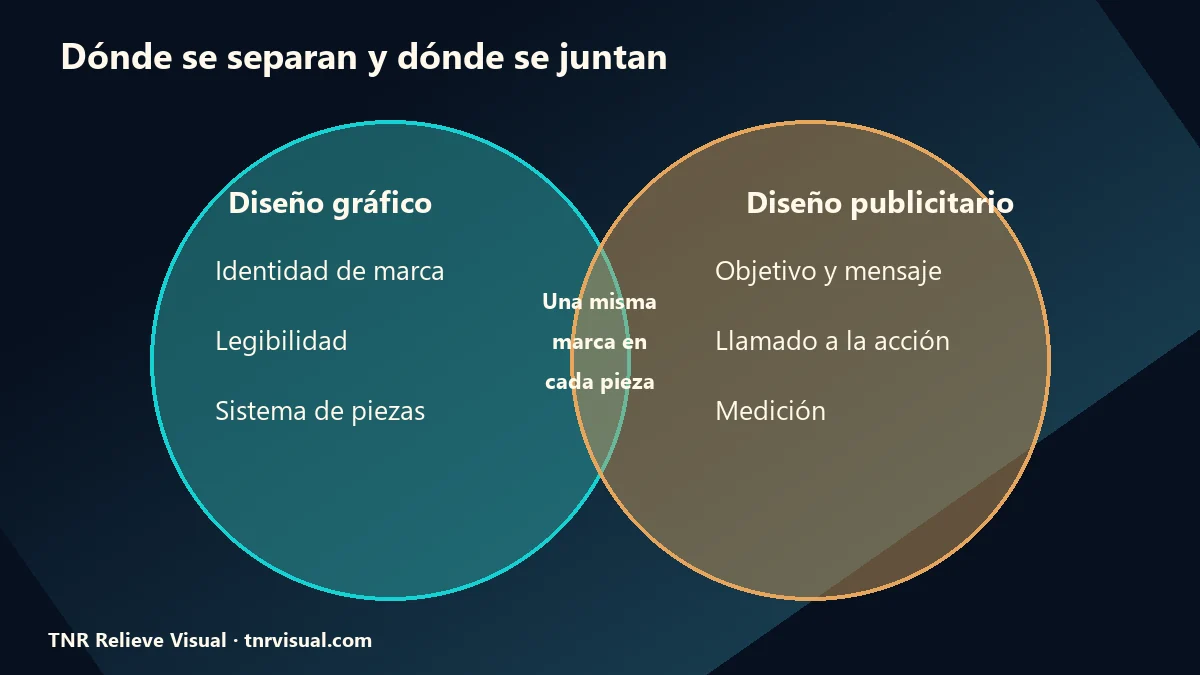Esquema que muestra dónde se separan y dónde se juntan el diseño gráfico y publicitario