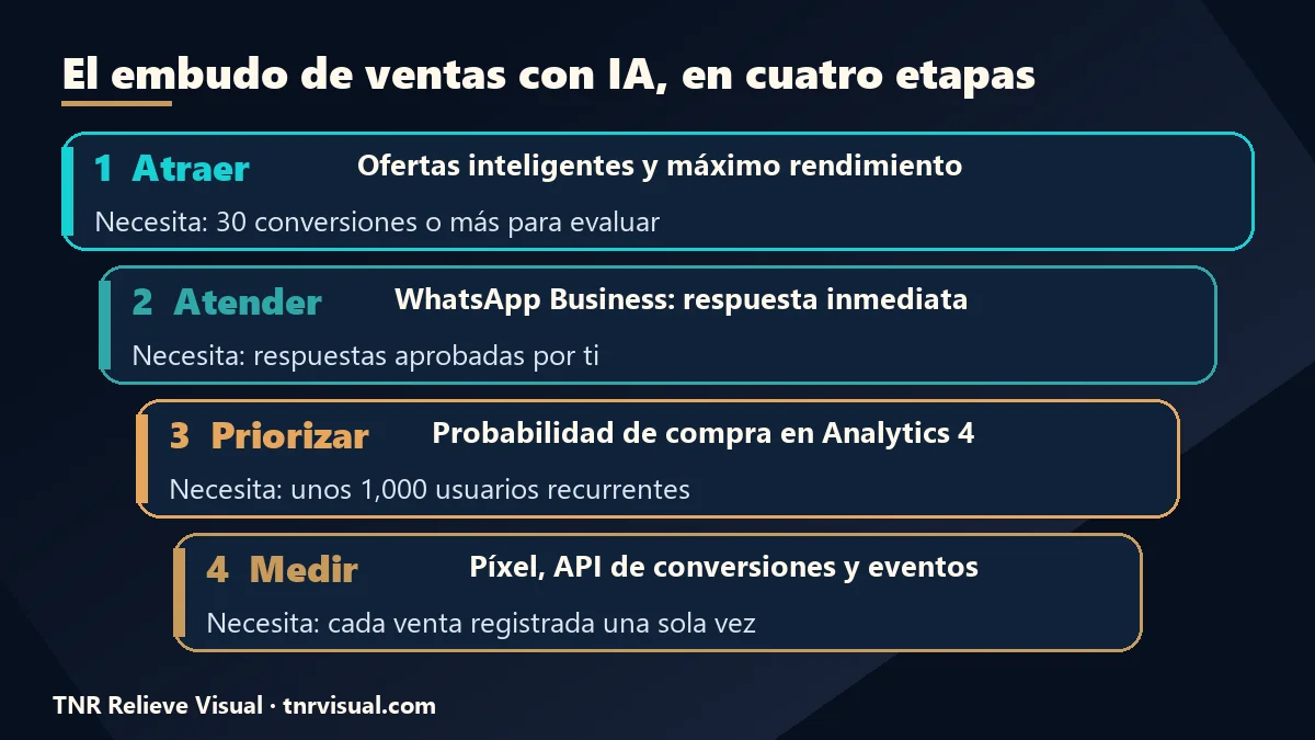 Embudo de inteligencia artificial para ventas en cuatro etapas: atraer, atender, priorizar y medir