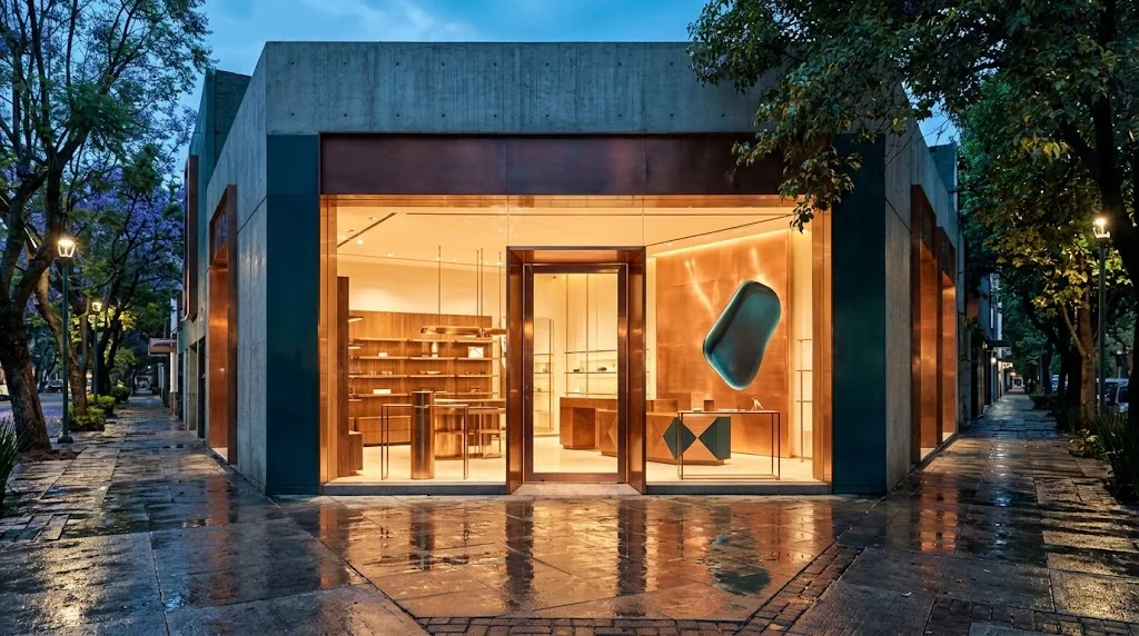 Fachada de un local comercial elegante iluminado al anochecer