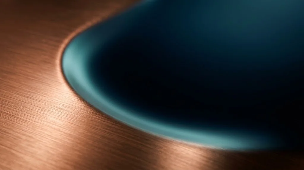 Superficie de metal cobrizo con reflejo de luz turquesa