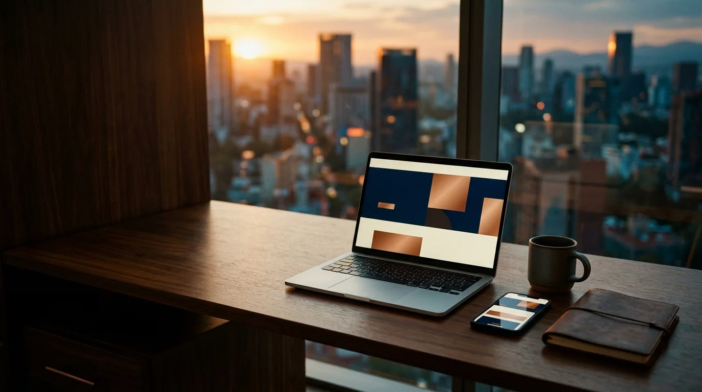 Cuánto cuesta una página web: laptop y celular con un sitio elegante frente a la ciudad al atardecer
