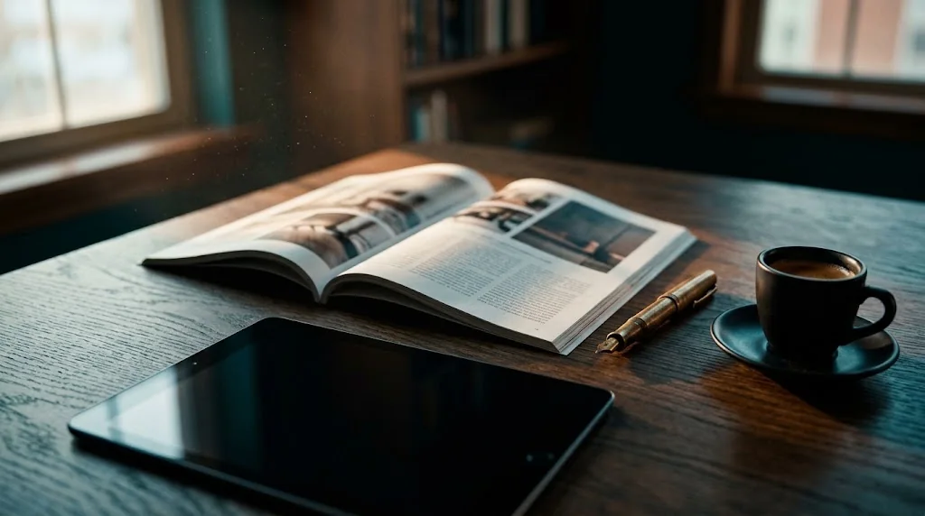Revista abierta, pluma de latón y café sobre una mesa de madera