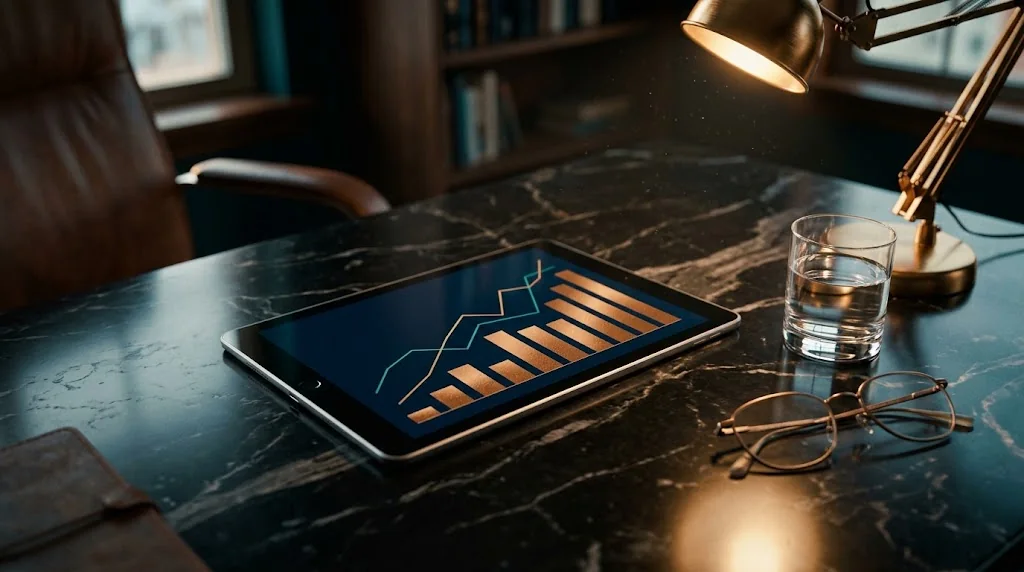 Tablet con gráficas de crecimiento sobre un escritorio de mármol