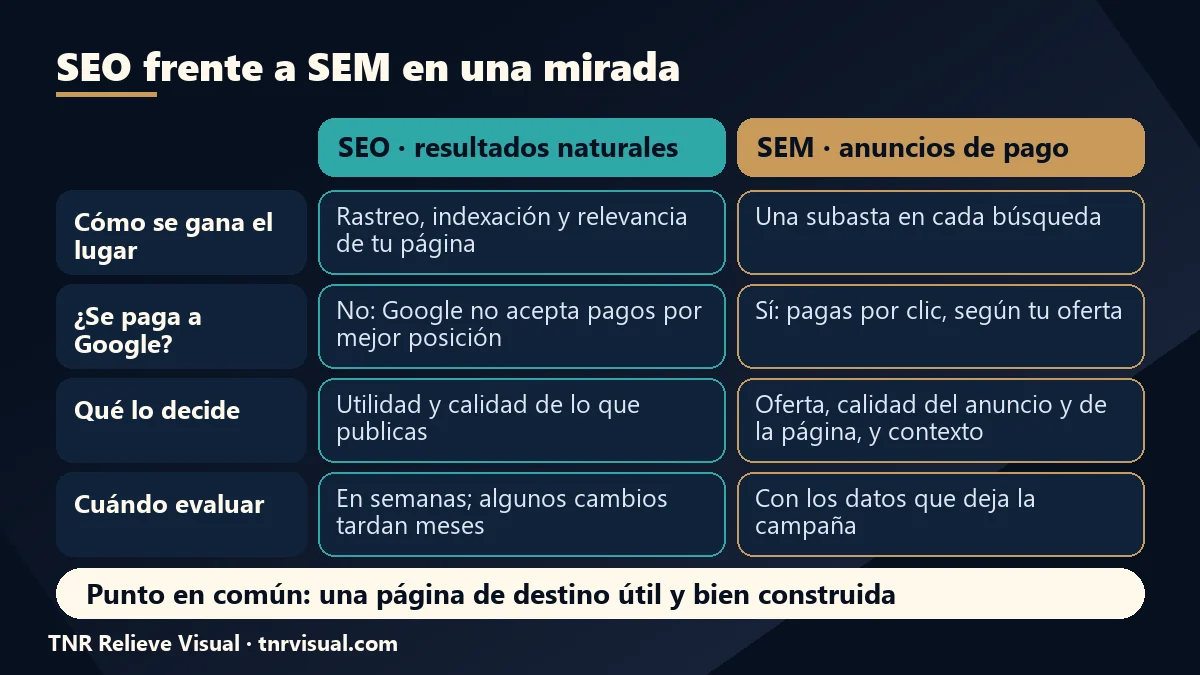 Comparación del posicionamiento SEO y SEM: cómo se gana el lugar, qué se paga y qué decide el resultado en cada vía