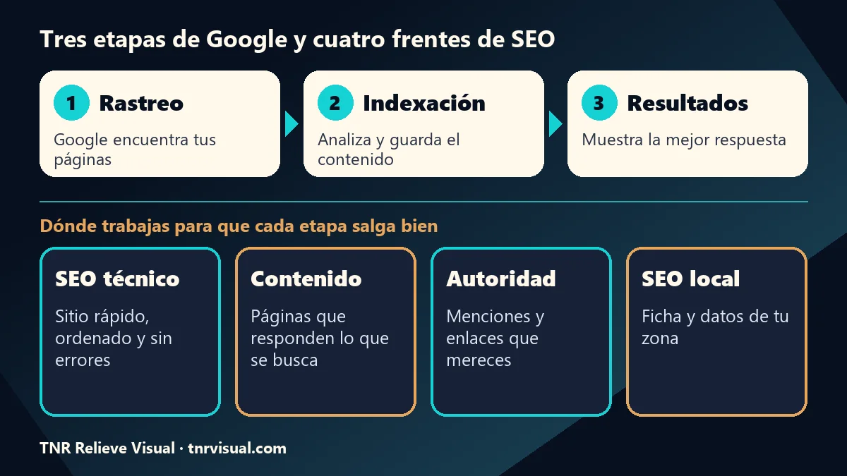 Esquema de qué es SEO: las tres etapas del buscador y los cuatro frentes de trabajo