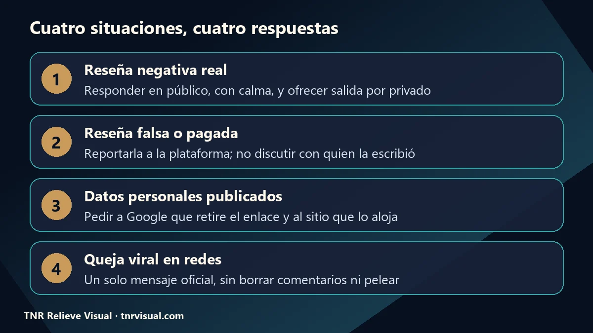 Cuatro situaciones de reputación en línea y la respuesta que corresponde a cada una